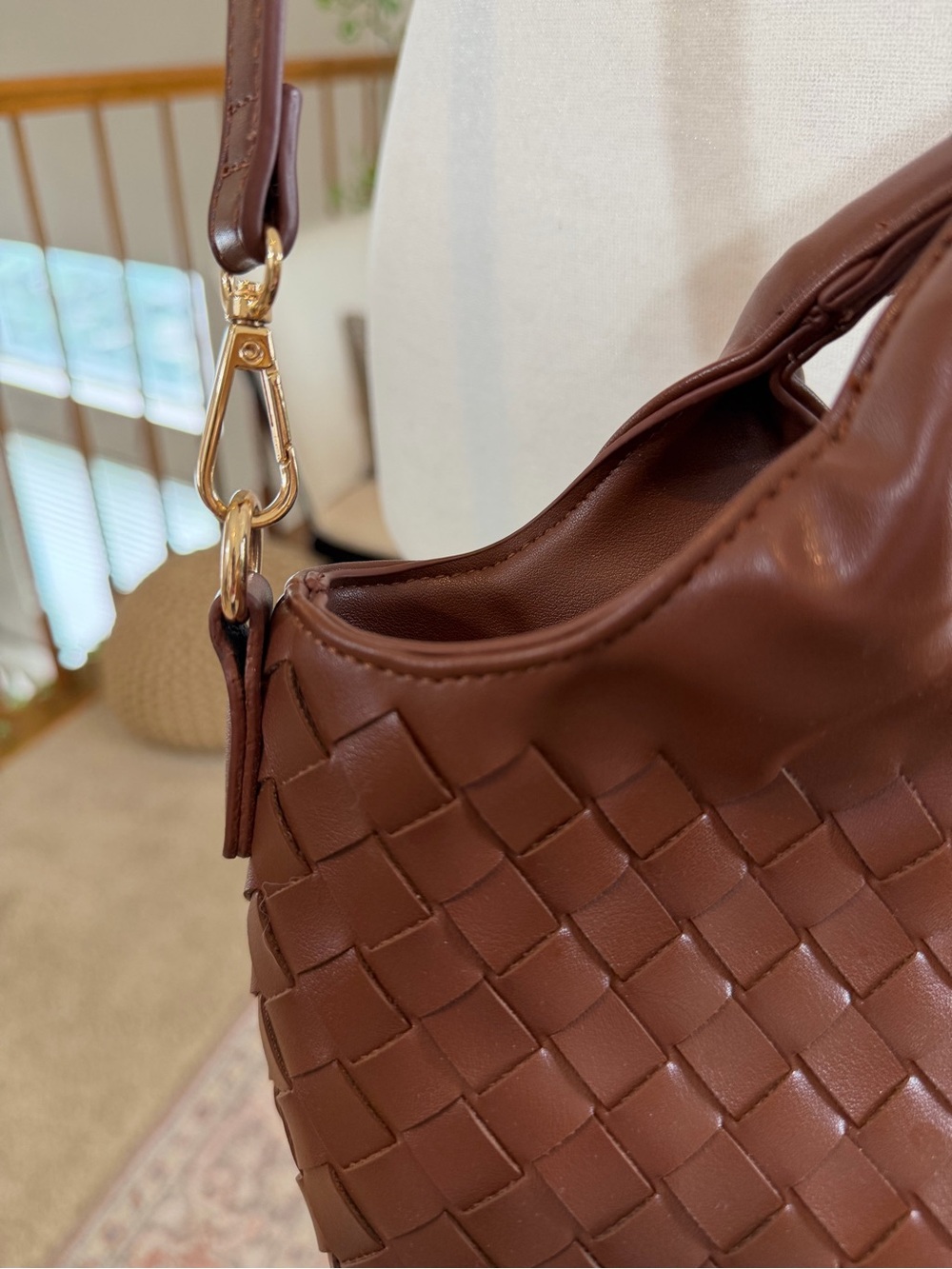 Woven Boho Bag Brown Vegan Leather Crossbody Top Handle Shoulder Handbag Purse - Picture 4 of 10